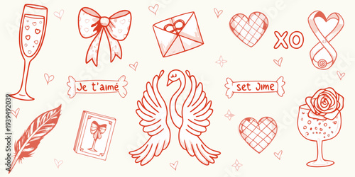 Romantic hand drawn illustrations hearts champagne swan and love notes