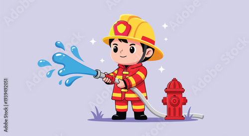 Cute Cartoon Firefighter Spraying Water from Hose.