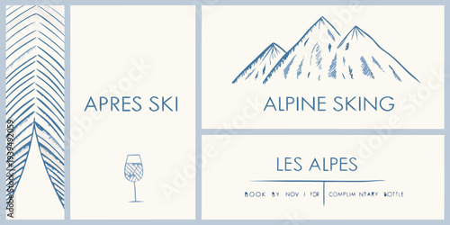 Graphic design featuring mountains ski themes and a wine glass