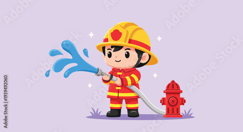 Cute Cartoon Firefighter Spraying Water from Hose with Fire Hydrant.
