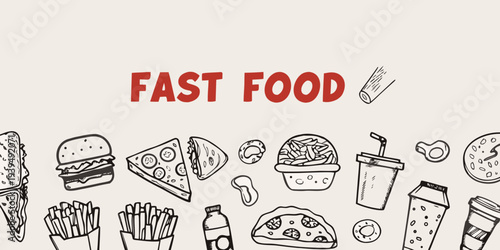 A colorful doodle illustration featuring various types of fast food items