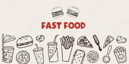 A collection of fast food items and beverages in a doodle style