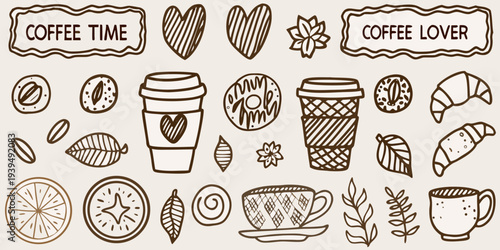 Coffee themed doodles with hearts beans pastries and beverage illustrations