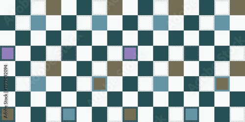 Abstract geometric seamless checkerboard pattern with teal, blue, and brown squares and dashed line accents for modern minimalist decor.