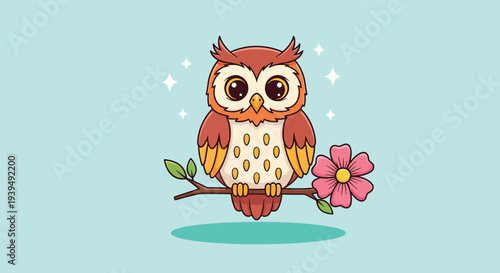 Cute Cartoon Owl Perched on a Branch with a Pink Flower 3.