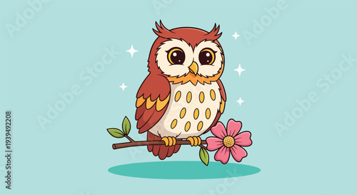 Cute Cartoon Owl Perched on a Branch with a Pink Flower.