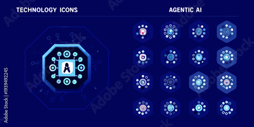 Agentic ai technology icons displayed within a hexagonal blue framework