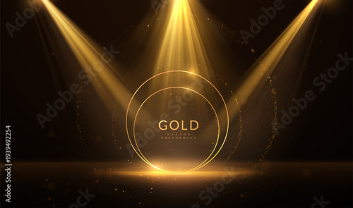 Luxury golden stage vector background with dramatic spotlight beams illuminating a glowing frame. Sparkling particles and light rays for luxurious awards ceremonies, presentations,