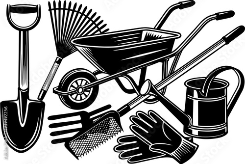 A detailed vintage black and white engraving illustrates a set of gardening tools, featuring a shovel, fan rake, wheelbarrow, hand tools, gloves, and a watering can.