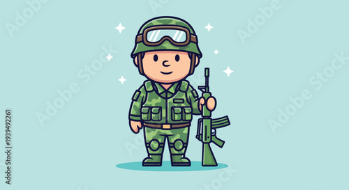 Cute Cartoon Soldier with Rifle Illustration.