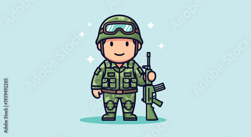 Cute Cartoon Soldier with Rifle Standing Tall.