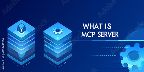 Isometric illustration depicting stacked server icons and text what is mcp server