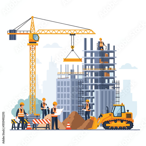 Construction Site with Crane and Workers.