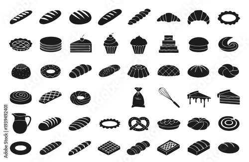 A comprehensive collection of black silhouette icons representing a wide array of bakery items and tools, including various breads, pastries, cakes, and utensils.