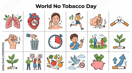 World No Tobacco Day Icons: Health, Quit Smoking, Lifestyle