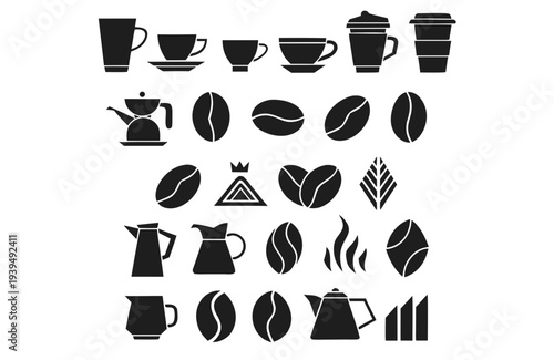 A diverse assortment of black silhouette icons showcasing different coffee cups, various coffee beans, brewing pots, and abstract symbols in a neatly arranged grid.