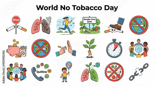 World No Tobacco Day Icons: Quit Smoking, Healthy Lungs, Stop Sign
