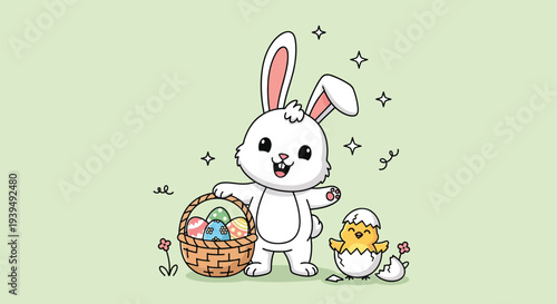 Cute Easter bunny with basket of eggs and baby chicks.