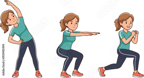 Cartoon girl performing fitness workout exercises in three poses, healthy lifestyle training vector illustration.