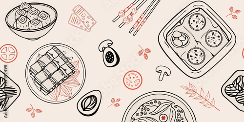 Japanese cuisine illustration featuring sushi noodles and various side dishes