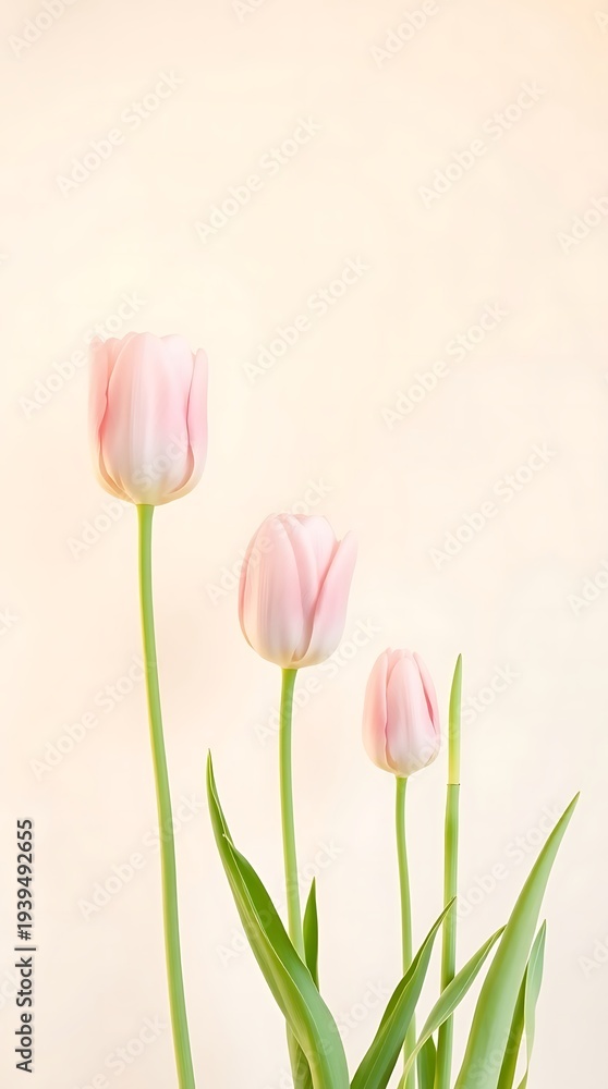 Obraz premium Minimal Pink Tulip Flowers on Soft Beige Background with Copy Space – Elegant Spring Floral Design