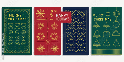 Three festive holiday cards with geometric designs and seasonal greetings