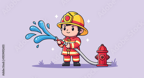 Cute Firefighter Extinguishing Fire with Water Hose Cartoon.