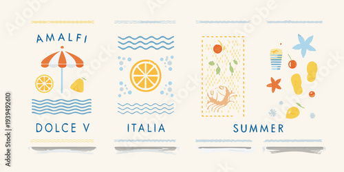 Colorful summer illustration featuring amalfi coast themed icons and text