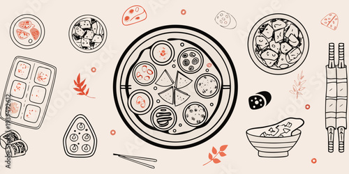 Hand drawn illustration of various asian food dishes and chopsticks