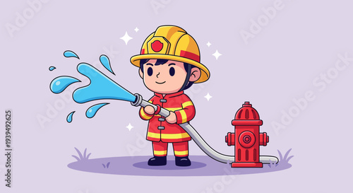 Cute Little Firefighter Extinguishing Fire with Water Hose.
