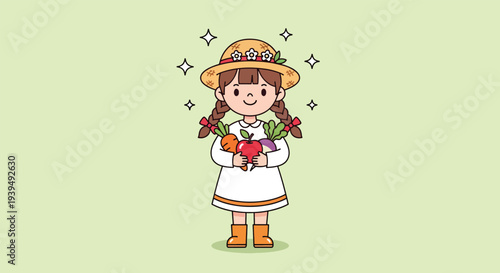Cute little girl farmer holding fresh vegetables cartoon illustration.