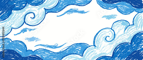 Blue Hand Drawn Cloud Sky Frame with Crayon Texture Sketch Illustration Background for Nature and Weather Themed Design Isolated on White Background for Decorative Borders