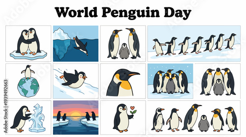 World Penguin Day Collection: Cute Cartoon Penguins Illustrations