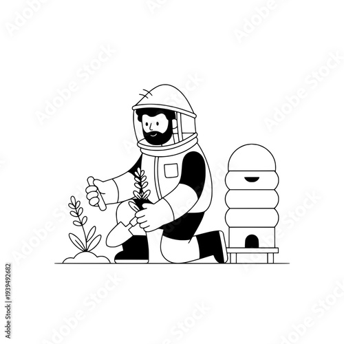 Minimalist Beekeeper Illustration or Outline Beekeeper Graphic
