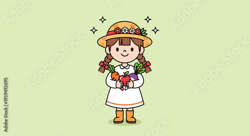 Cute Little Girl Farmer Holding Freshly Harvested Vegetables 2.