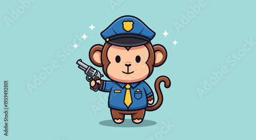 Cute Monkey Police Officer Holding a Gun Cartoon Vector Illustration.