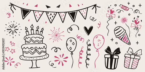 Hand drawn party elements including cake balloons and festive decorations