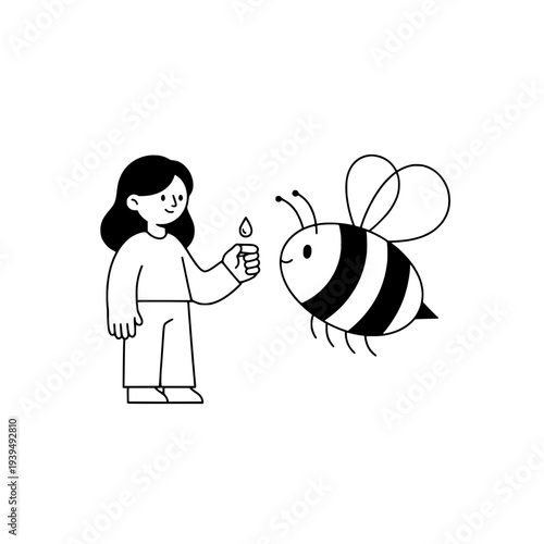 Minimalist Beekeeper Line Art Illustration or Black Outline Beekeeper and Bee Illustration