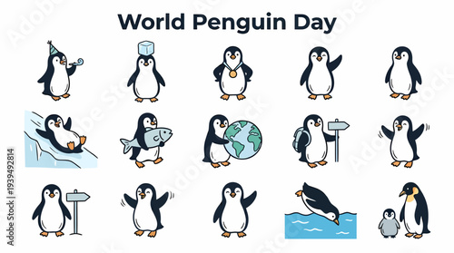 World Penguin Day Vector Icons Collection