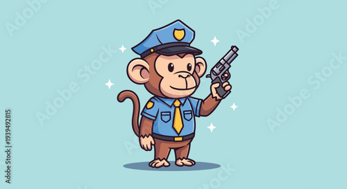 Cute Monkey Police Officer Holding a Gun Cartoon Vector.