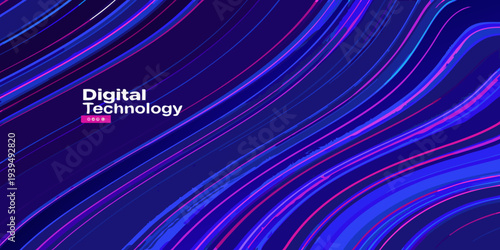 Abstract flowing lines of vibrant color with digital technology text
