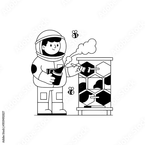 Minimalist beekeeper line art illustration or Organic beekeeping sketch drawing