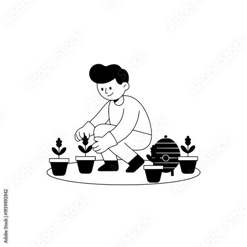 Minimalist beekeeper vector illustration or organic gardener with beehive icon