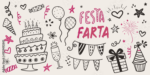 Colorful hand drawn illustration of party decorations and celebratory elements