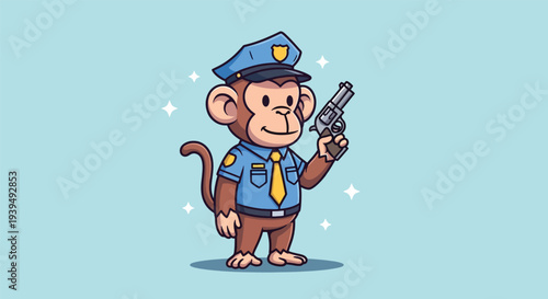 Cute Monkey Police Officer Holding a Gun Cartoon Vector Icon Illustration.