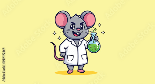 Cute Mouse Scientist Holding Chemical Flask Cartoon Vector Icon Illustration.