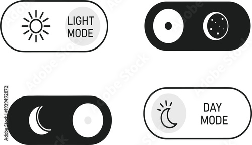 Day and night mode toggle switches with sun, moon, light and dark theme icons for user interface, app design, digital technology