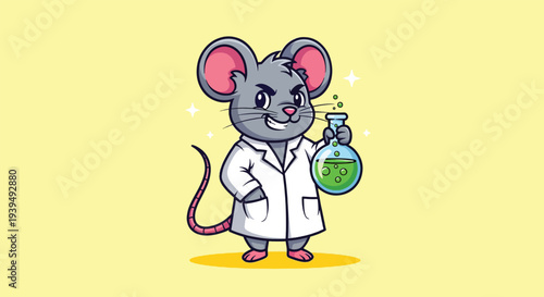 Cute Mouse Scientist Holding Flask Cartoon Vector Icon Illustration.