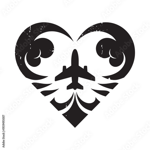 A black silhouette of an airplane flying within a heart shaped design