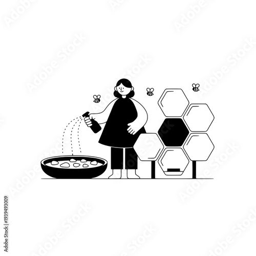 Minimalist beekeeping illustration or Urban beekeeping outline graphic